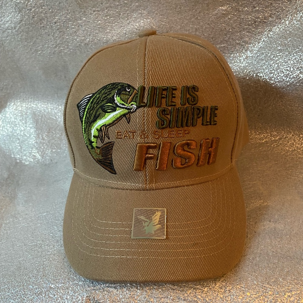 LIFE IS SIMPLE, EAT SLEEP FISH KHAKI TAN BASEBALL HAT CAP